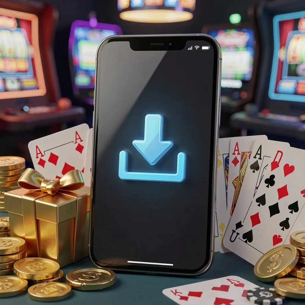 EPH88 casino app download concept showing a smartphone with a download icon surrounded by golden coins, a gift box, and playing cards in a modern mobile gaming atmosphere