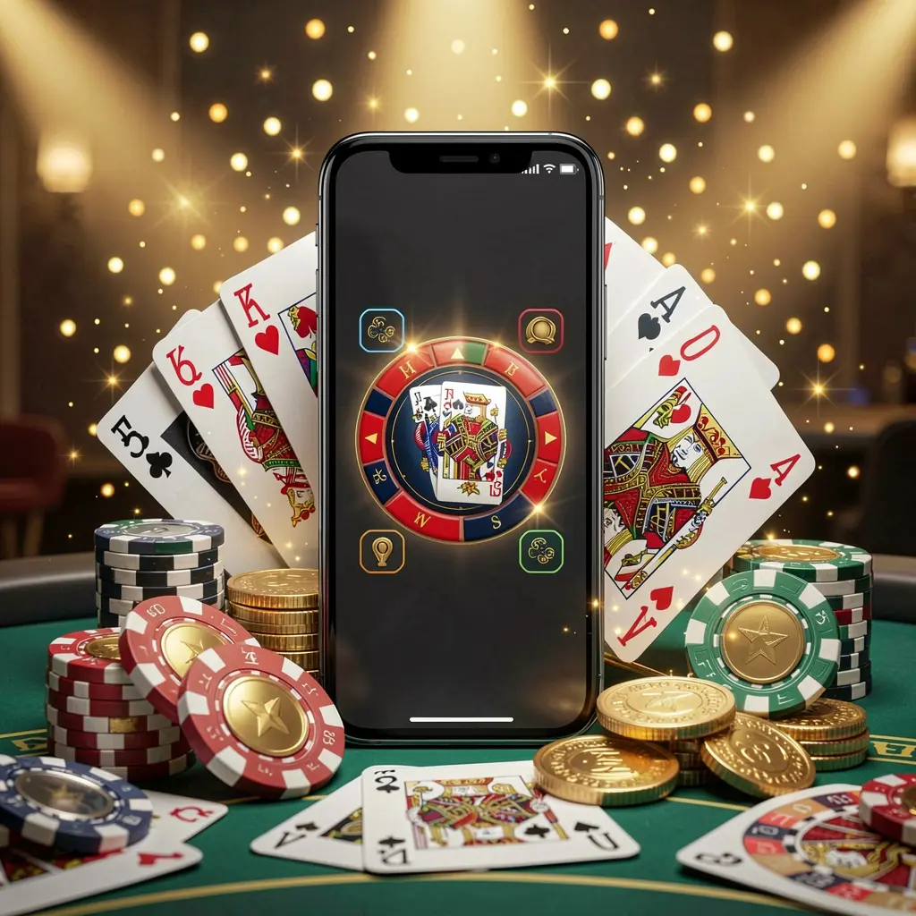 EPH88 mobile gaming application concept showing a smartphone surrounded by playing cards, roulette chips, gold coins, and sparkling lights in a premium casino style