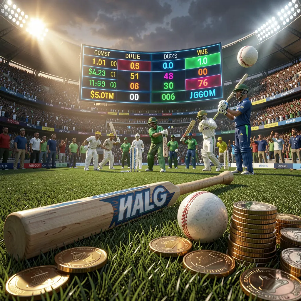 EPH88 premium cricket betting scene showing a cricket stadium filled with crowd, bat and ball in the foreground, digital odds graphics and coins under dramatic lighting in a high detail 3D render EPH88 premium cricket betting scene showing a cricket stadium filled with crowd, bat and ball in the foreground, digital odds graphics and coins under dramatic lighting in a high detail 3D render