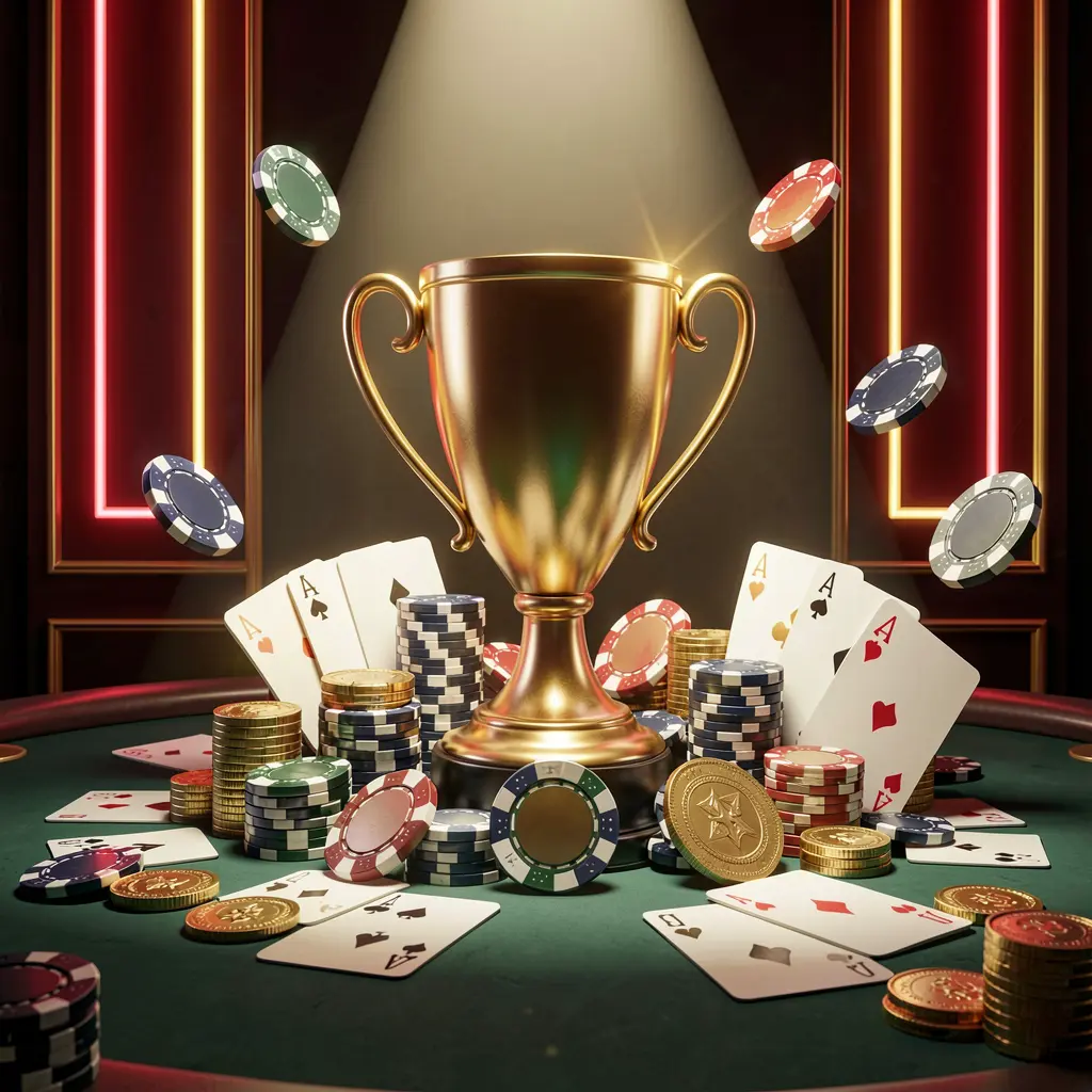 EPH88 casino tournament bonus concept featuring a golden trophy surrounded by poker chips, playing cards, and coins under a bright spotlight in a luxurious casino setting with dark background and red and gold neon accents EPH88 casino tournament bonus concept featuring a golden trophy surrounded by poker chips, playing cards, and coins under a bright spotlight in a luxurious casino setting with dark background and red and gold neon accents