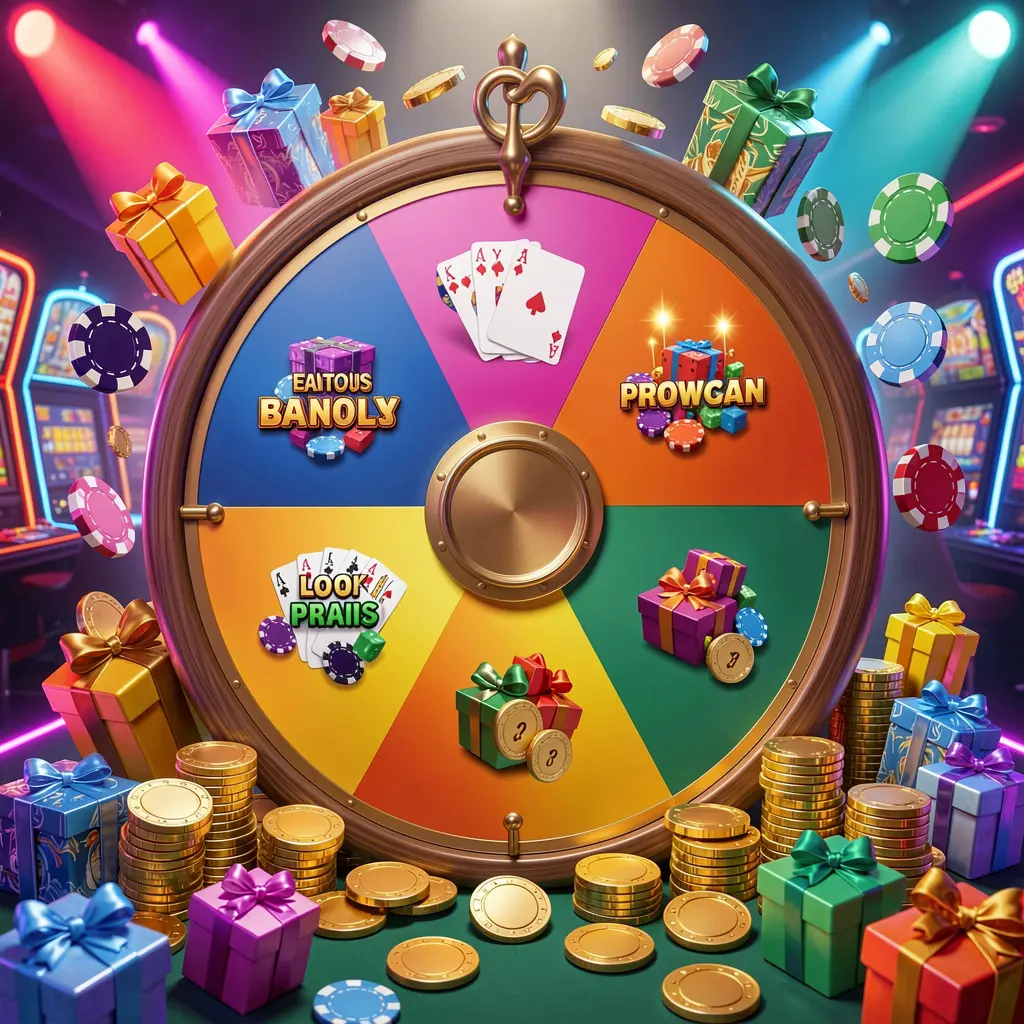 EPH88 casino bonus wheel with colorful prize sections surrounded by golden coins, chips, and gift boxes under bright neon casino lights in a dynamic composition EPH88 casino bonus wheel with colorful prize sections surrounded by golden coins, chips, and gift boxes under bright neon casino lights in a dynamic composition