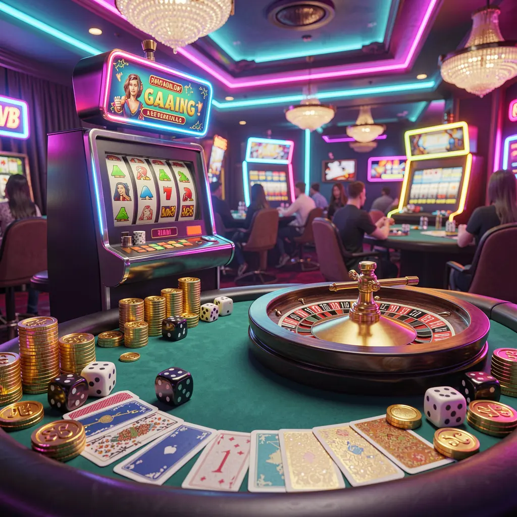 EPH88 casino entertainment scene featuring a slot machine, roulette wheel, dice, cards, and golden coins under colorful neon lights creating an exciting premium atmosphere