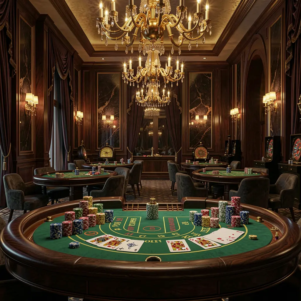 EPH88 high-end casino lobby featuring golden lights, roulette tables with chips and cards, elegant premium design against a dark cinematic background in an ultra detailed 3D render