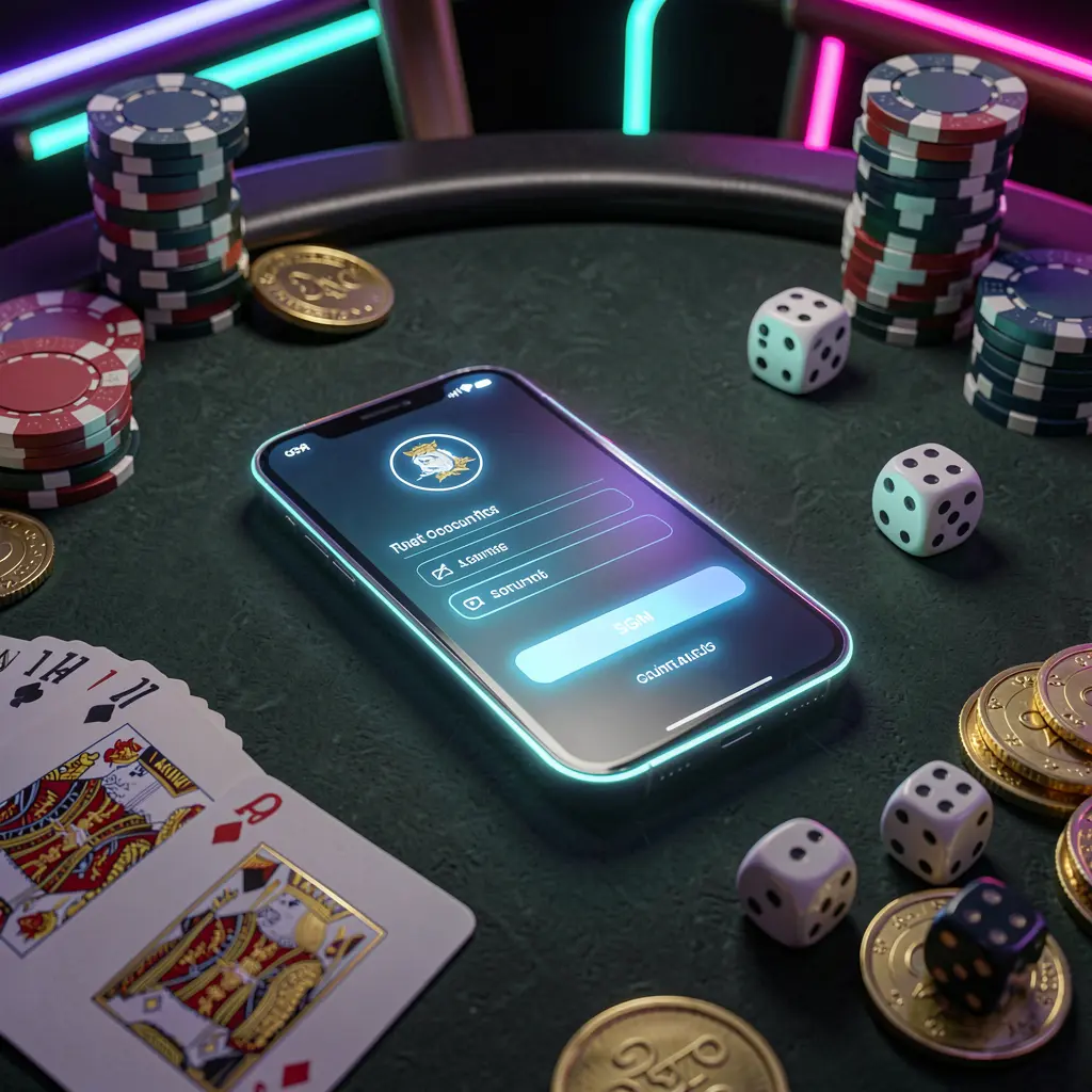 EPH88 casino account sign in scene with glowing smartphone on casino table surrounded by cards, chips, dice, and gold coins, set against an elegant dark background with neon highlights in a realistic 3D render EPH88 casino account sign in scene with glowing smartphone on casino table surrounded by cards, chips, dice, and gold coins, set against an elegant dark background with neon highlights in a realistic 3D render
