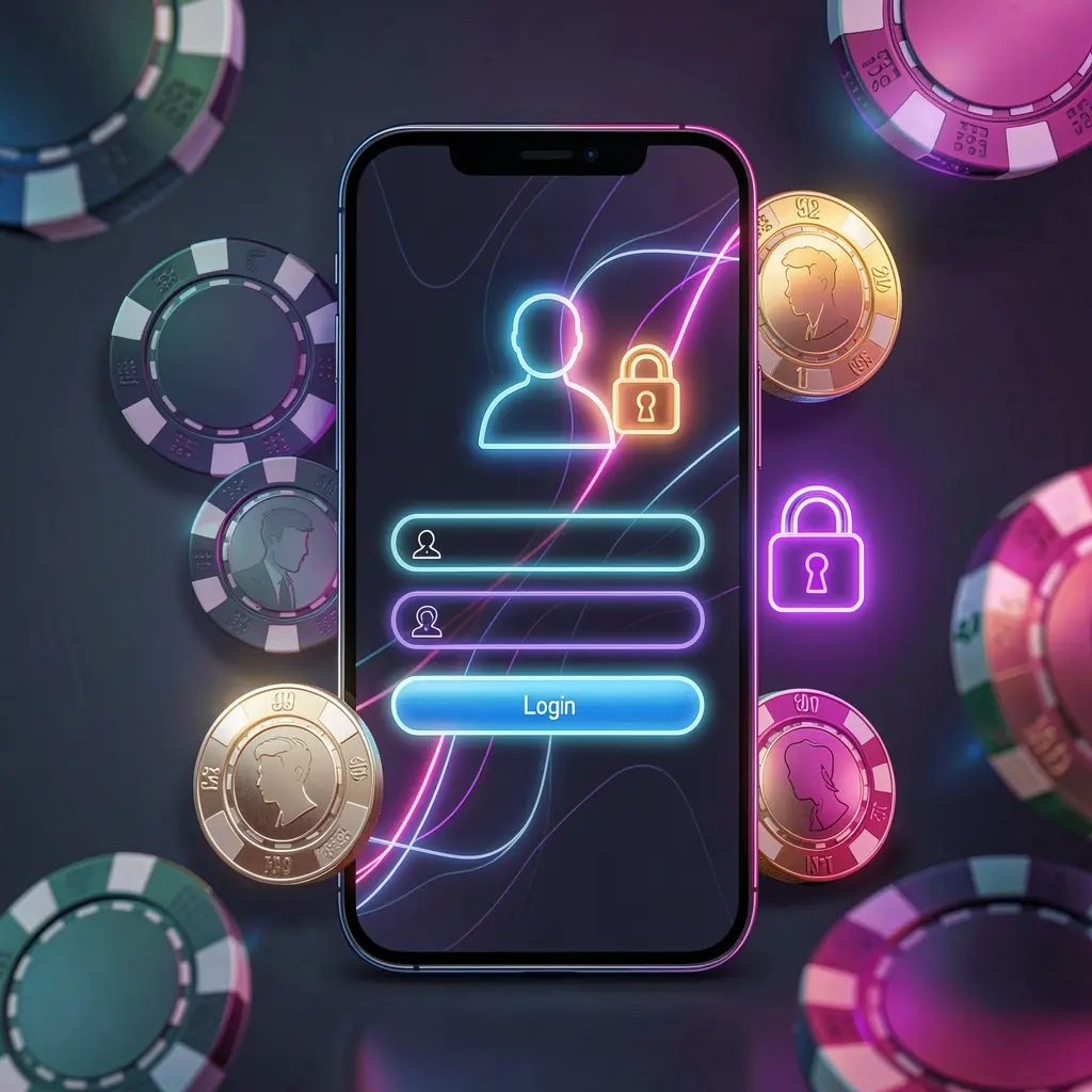EPH88 mobile gaming login page concept on a smartphone with abstract login interface featuring user and lock icons, surrounded by casino chips and coins under luxury neon lighting EPH88 mobile gaming login page concept on a smartphone with abstract login interface featuring user and lock icons, surrounded by casino chips and coins under luxury neon lighting