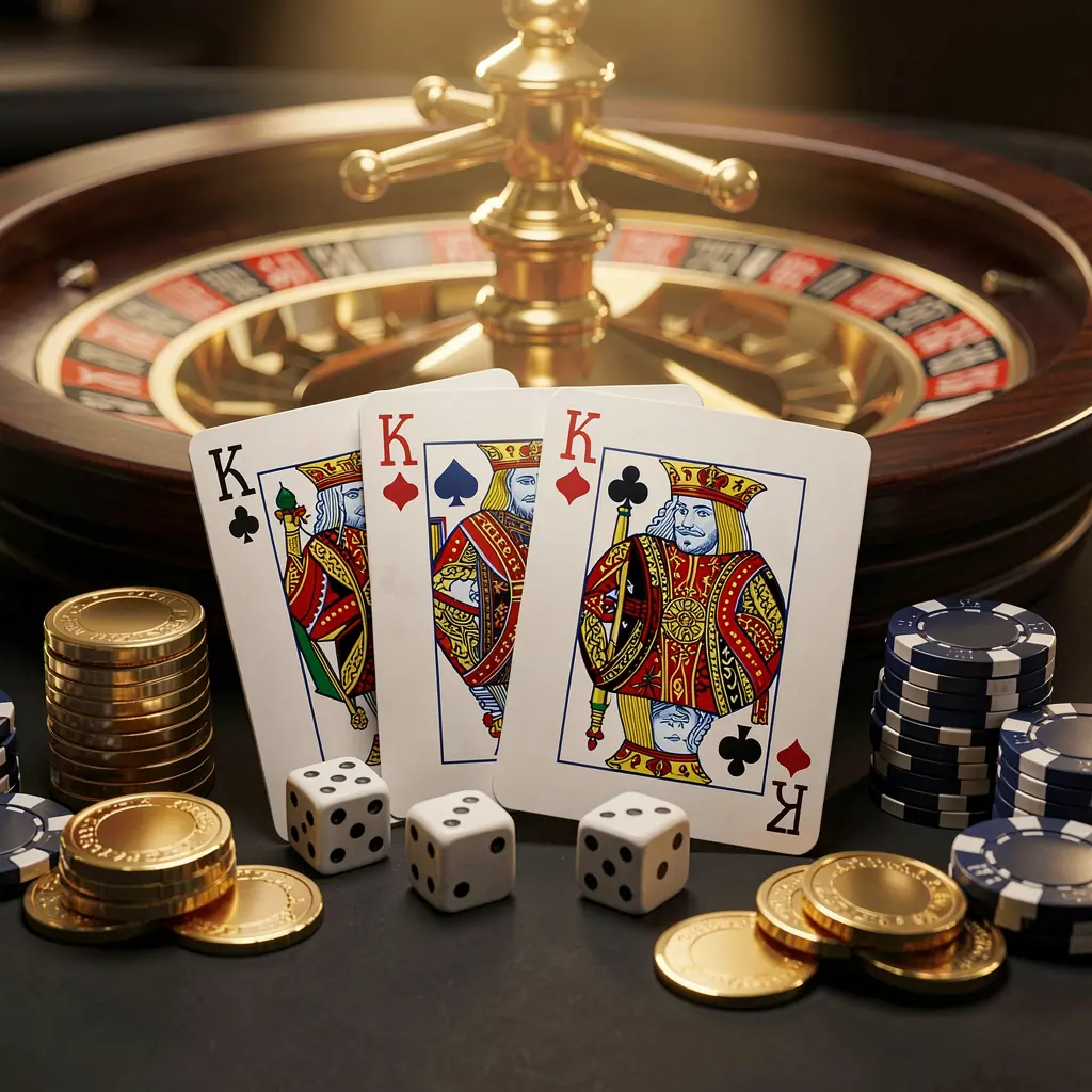 EPH88 elegant online casino homepage featuring royal flush cards, dice, golden coins, poker chips on a dark table with a glowing roulette wheel in the background in a cinematic 3D render